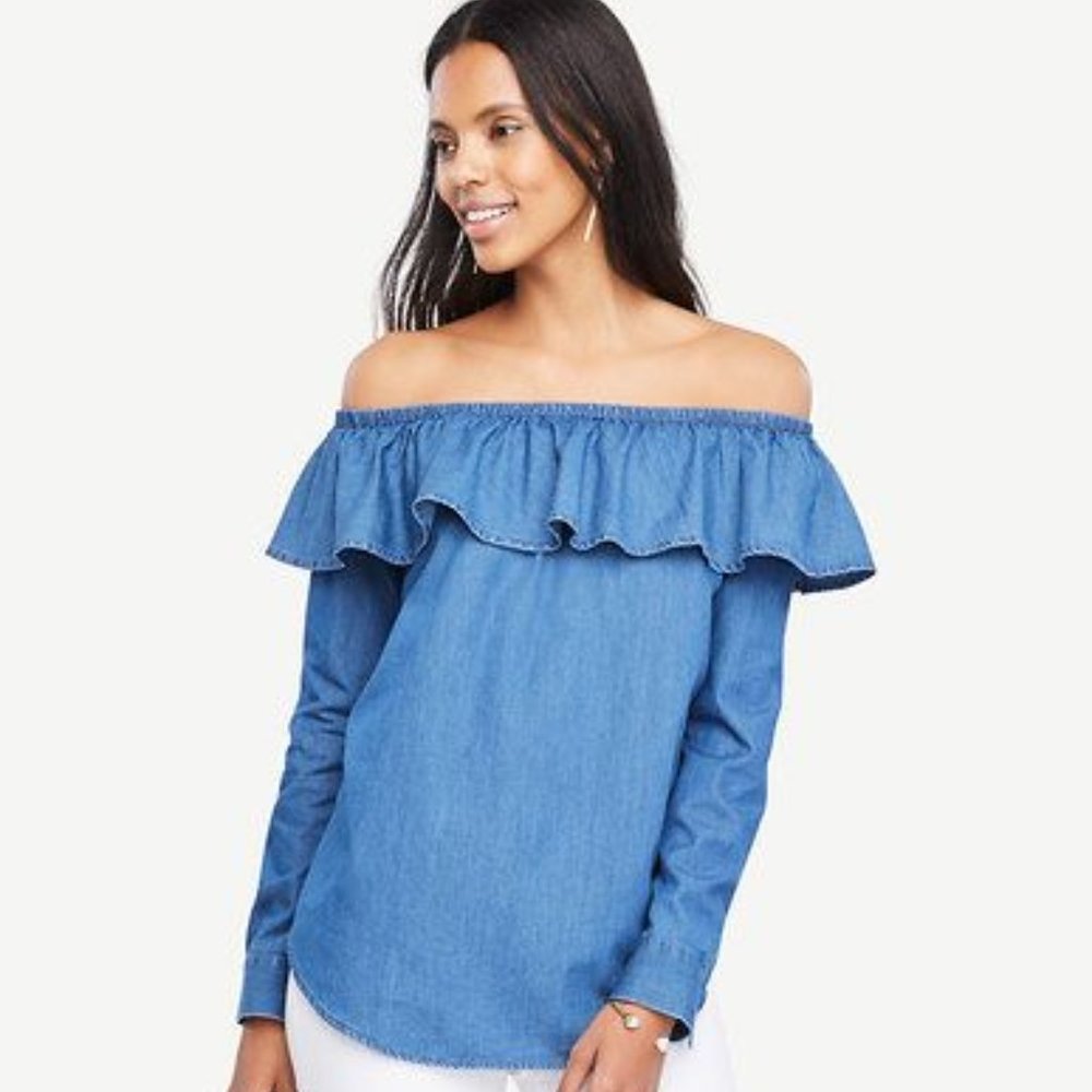 Ann Taylor Ruffle‎ Chambray Off Shoulder Blouse